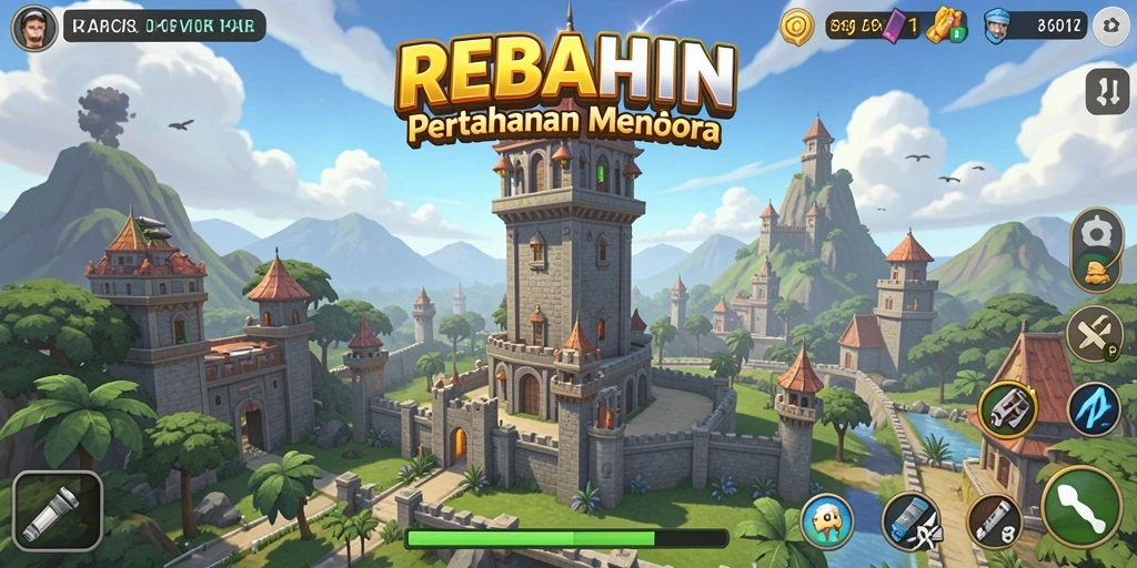 Screenshot gameplay REBAHIN menampilkan menara yang siap bertahan dari serangan musuh.